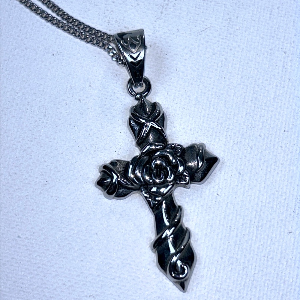 Vintage Hypoallergenic Stainless Steel Rosy Cross Floral Feminine Bohemian Work